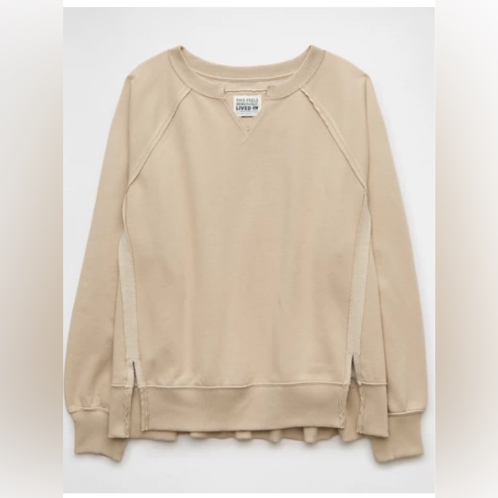 Aerie American Eagle Hug Crew Neck Oversized Tan Sweatshirt Womens Large